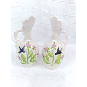 Vtg Bud vases Czechoslovakia Irridescent Glossy Raised Flowers & Bird 7" READ